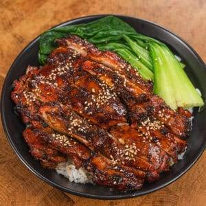 Teriyaki chicken over rice with bok choy