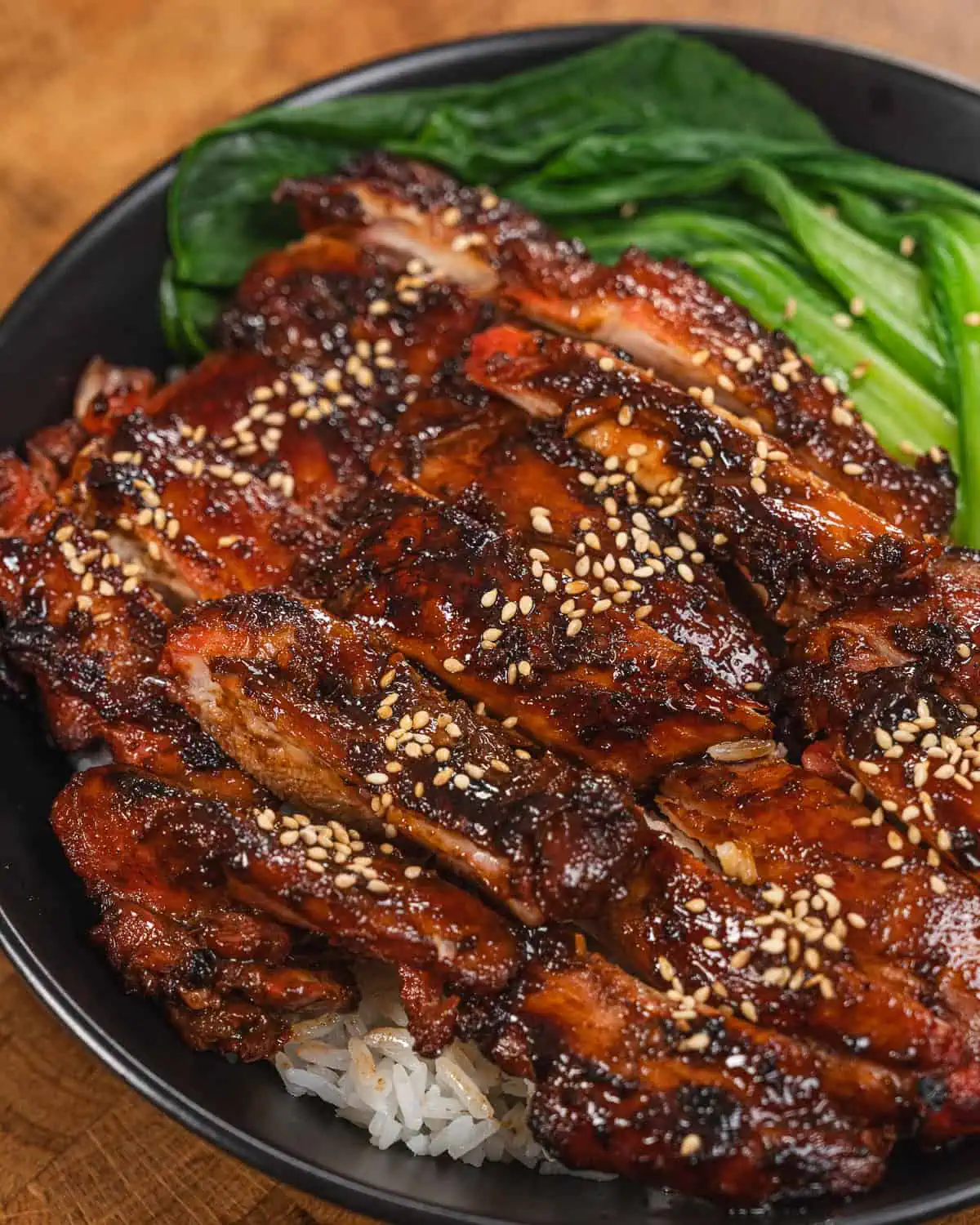 Teriyaki chicken slices with sesame over rice and bok choy. - GENIUS EATS char siu chicken
