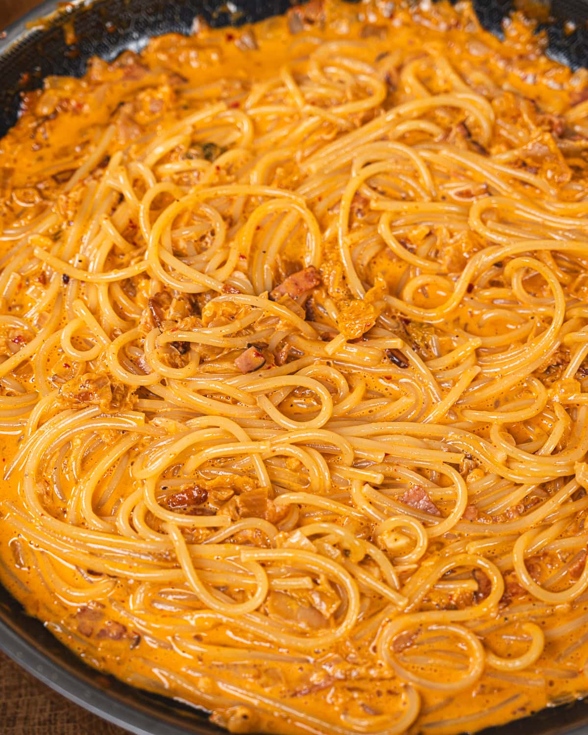 Kimchi pasta with bacon