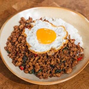 Thai basil minced pork over rice with crispy fried egg